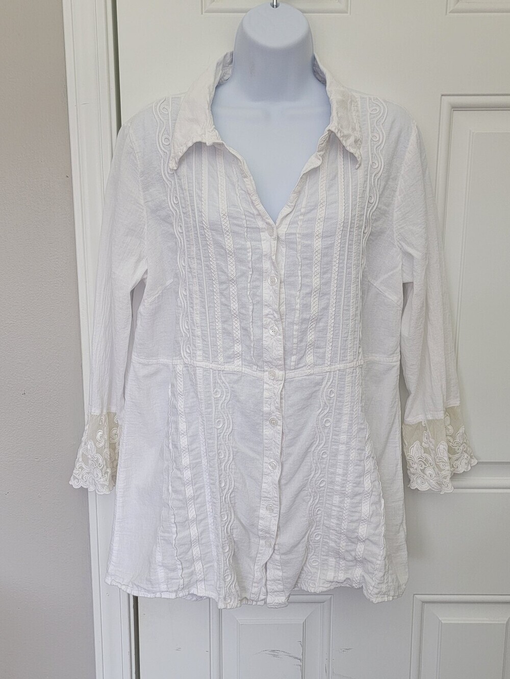 Soft Surroundings Large Peruvian Cotton Pintuck Soutache Lace Boho Blouse Tunic